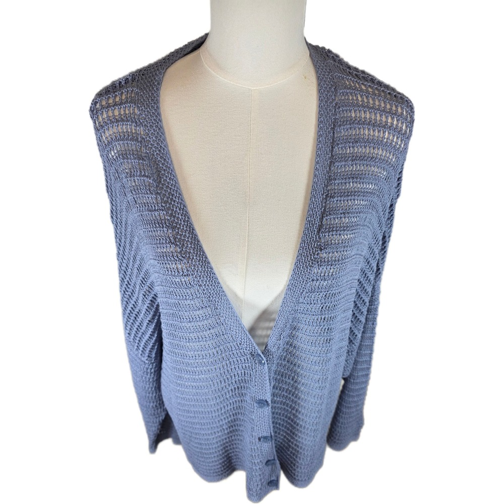 Max Studio London Size 3X Blue Lyocell Blend Open Crochet Button-Up Cardigan - Picture 2 of 10
